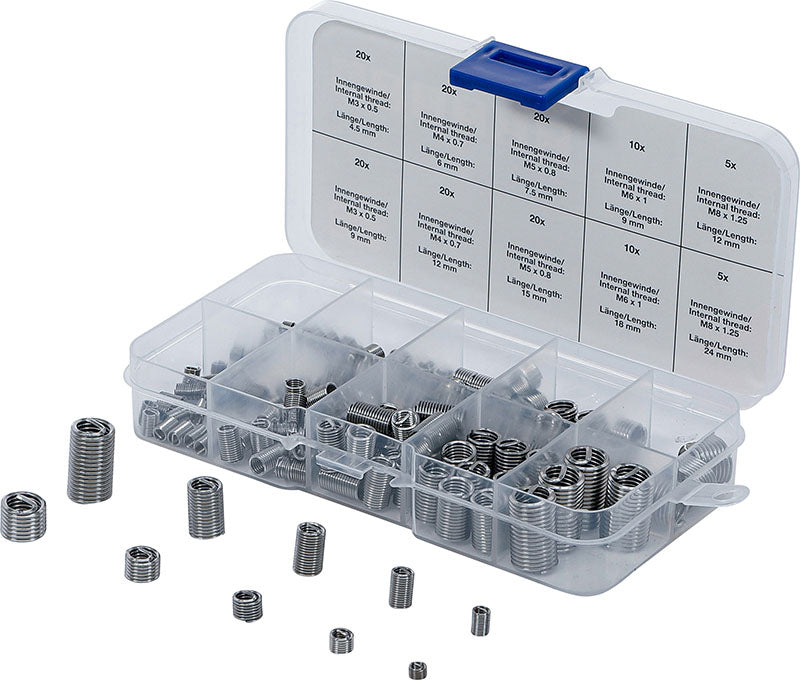 ASSORTIMENTO 150 PEZZI, FILETTI RIPORTATI ELICOIDI, PER LA RIPARAZIONE DI FILETTATURE, IN ACCIAIO INOX BGS74506