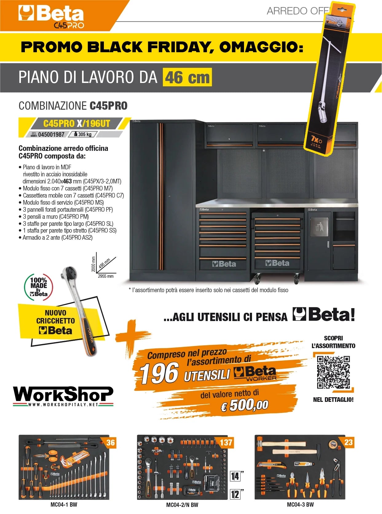 Arredo Officina Beta Utensili C45PRO X piano inox completo di set 196 utensili + SET 7 CHIAVI A SNODO IN OMAGGIO