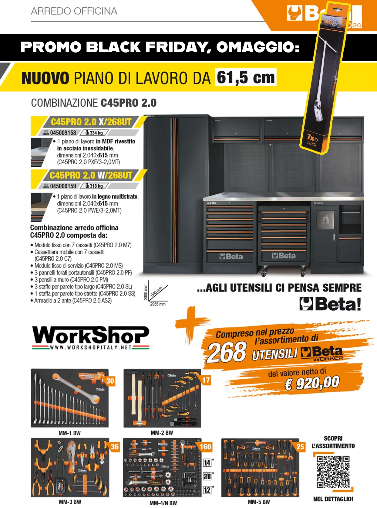 Arredo Officina Beta Utensili C45PRO 2.0 X/W piano inox o legno completo di set 268 utensili + SET 7 CHIAVI A SNODO IN OMAGGIO