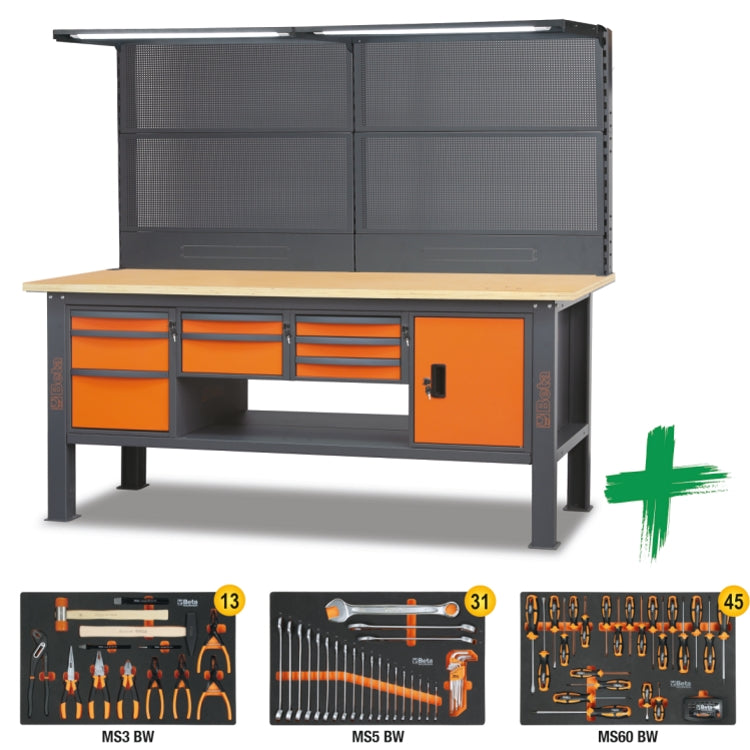 Banco da lavoro completo da 2,1 m con piano in legno e assortimento di 89 utensili Beta C58W2,1/89UT