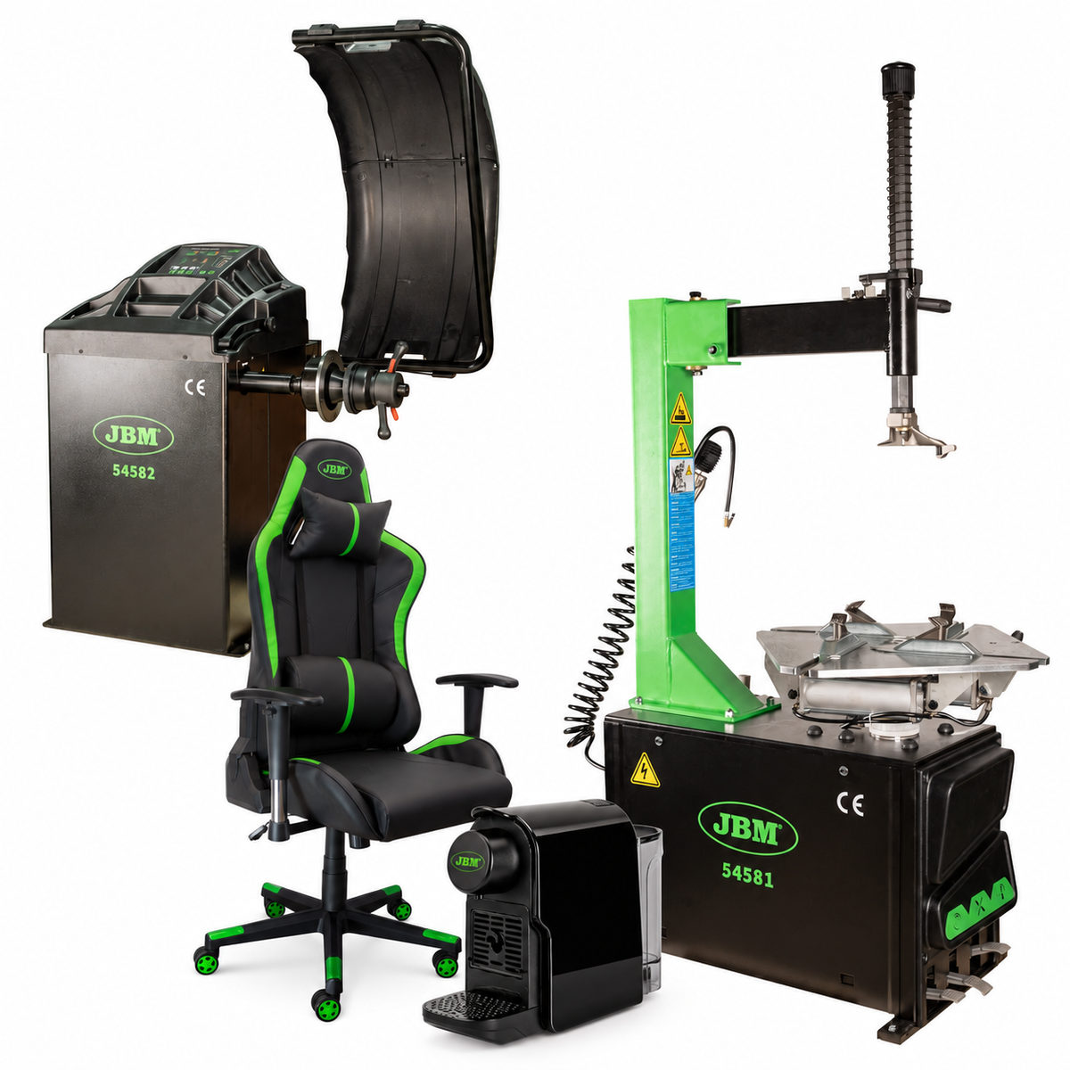SMONTAGOMME SEMIAUTOMATICO CON BRACCIO OSCILLANTE 54581 + EQUILIBRATRICE DIGITALE JBM 54582+ SEDIA+ MACCHINA CAFFE