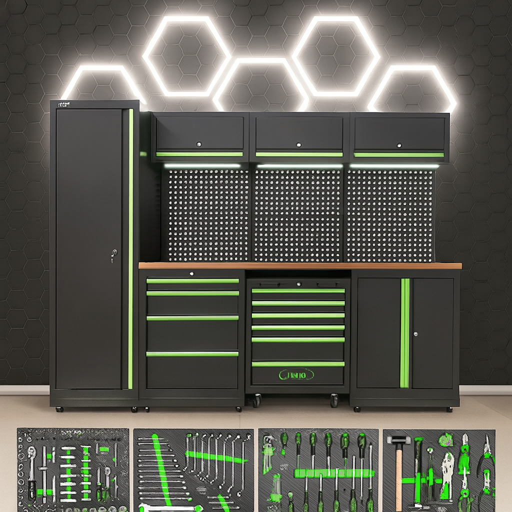 Arredo Garage Officina JBM  2640x1950x500 completo di utensili + Luci Led Esagonali 54805