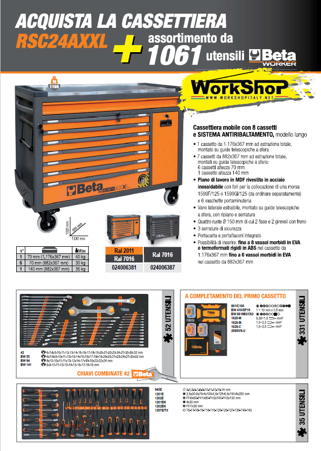 Carrello Beta RSC24AXXL completo di 1061 utensili + frigorifero Beta