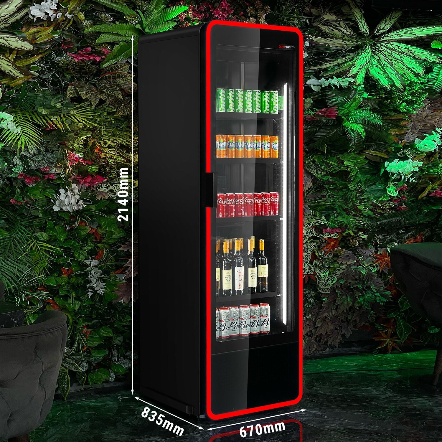 Frigorifero 550 litri 1 porta in vetro e luce LED colorata multicolor Full Black Officina