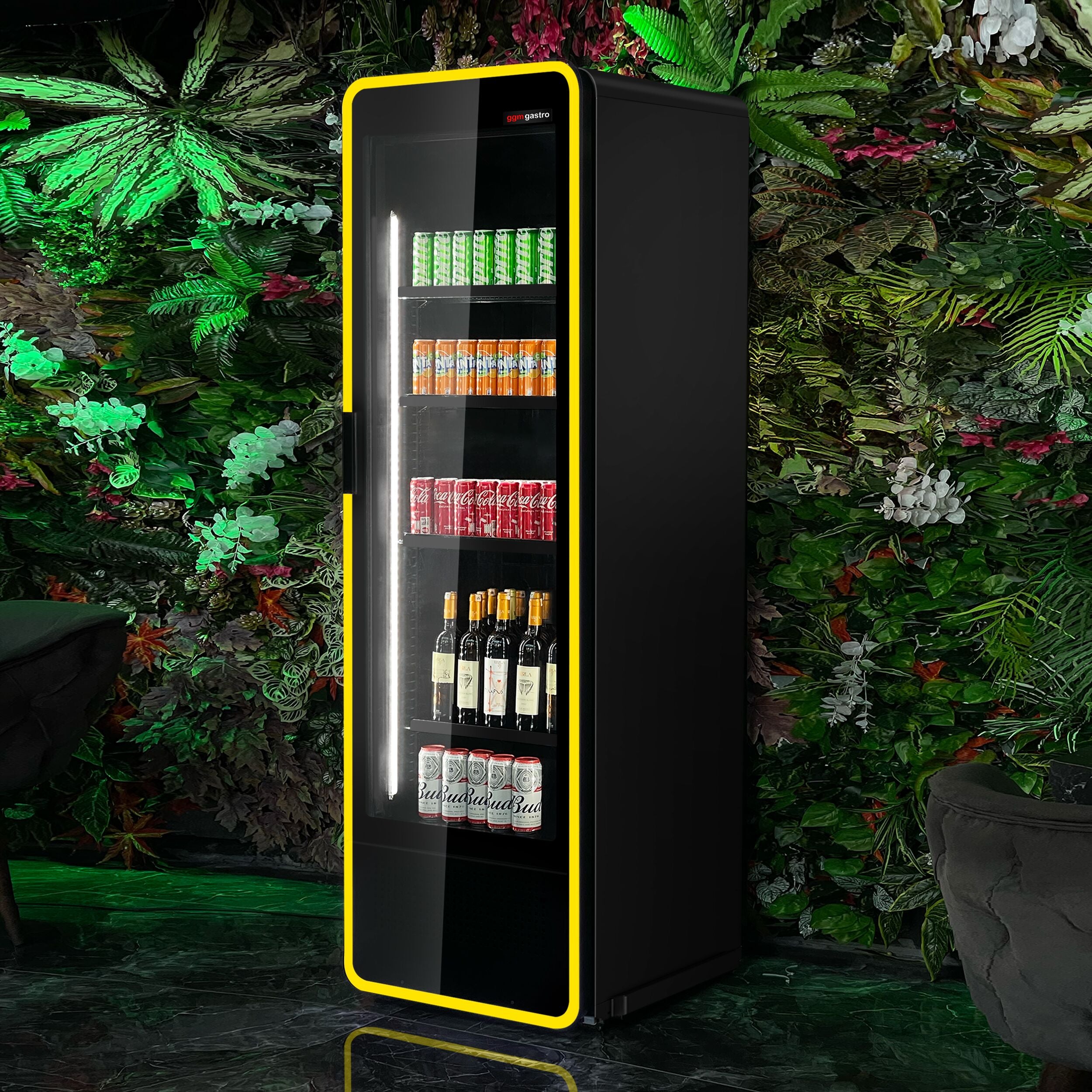 Frigorifero 550 litri 1 porta in vetro e luce LED colorata multicolor Full Black Officina