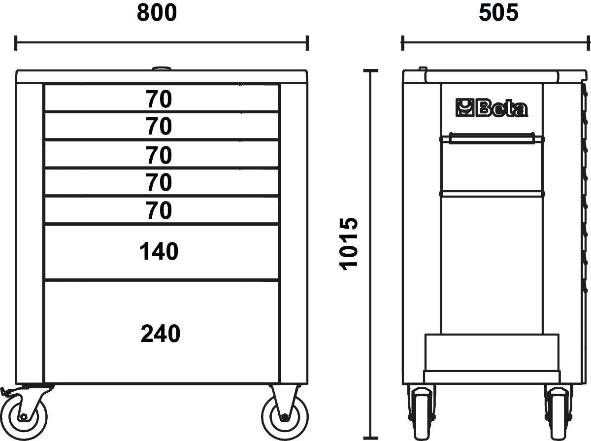 Cassettiera mobile porta attrezzi con 7 cassetti Beta RSC39/7 - Disegno con misure