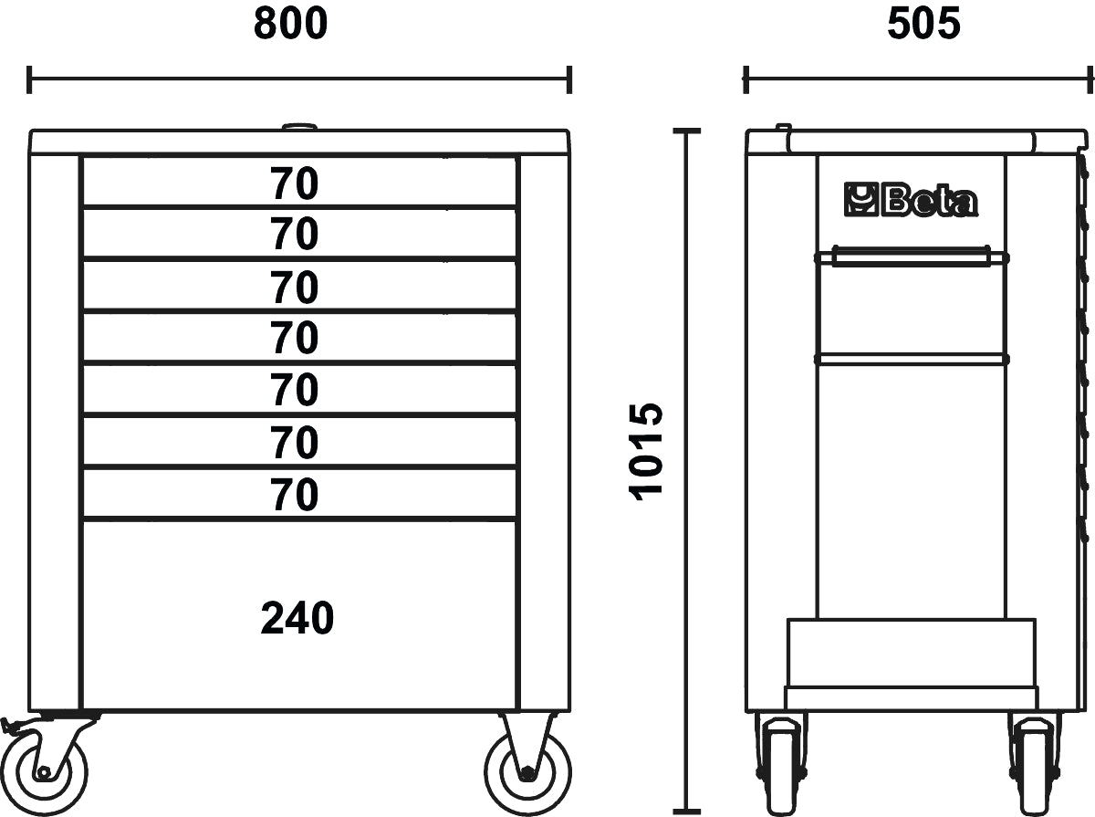 Cassettiera mobile porta attrezzi con 8 cassetti Beta RSC39/8 - Disegno con misure