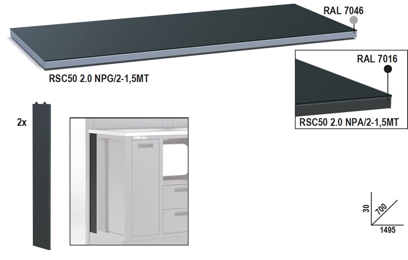 Piano di lavoro in lamiera da 1,5m per banco arredo officina RSC50 2.0 Beta RSC50 2.0 NP/2-1,5MT