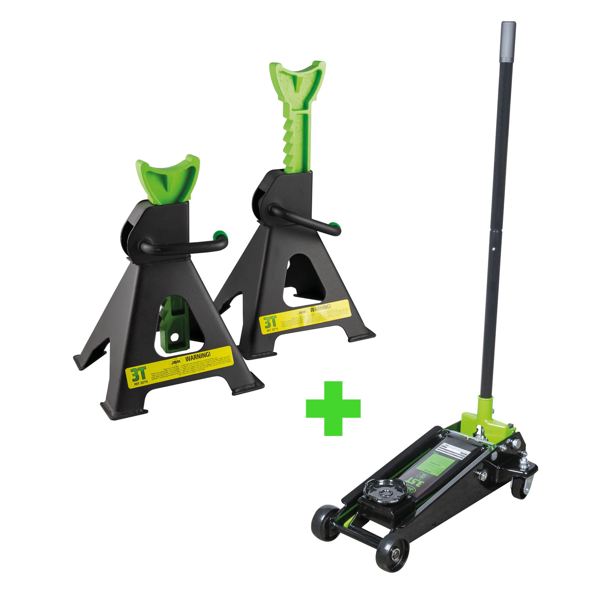 PROMO: MARTINETTO IDRAULICO A CARRELLO 3,5T + SET DI 2 CAVALLETTI DA 3T JBM