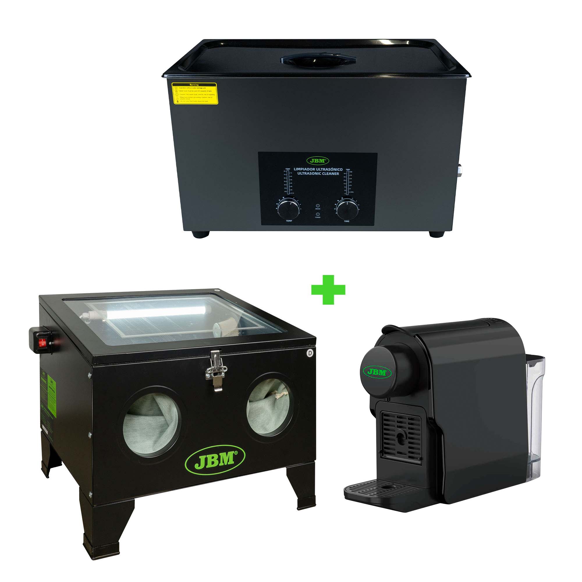PULITORE AD ULTRASUONI 30L + SABBIATRICE 90L JBM SERIE491 + macchina del caffe'