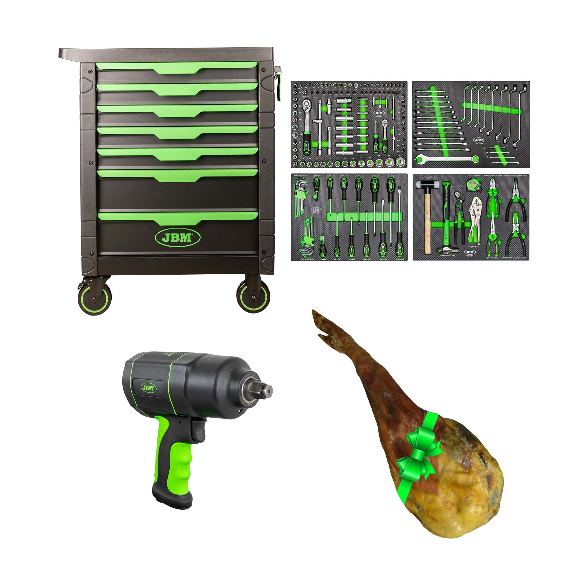 CARRELLO A 7 CASSETTI - VERDE JBM 54389 ATTREZZATO CON 172 UTENSILI + pistola impulsi + 6 kg. prosciutto iberico