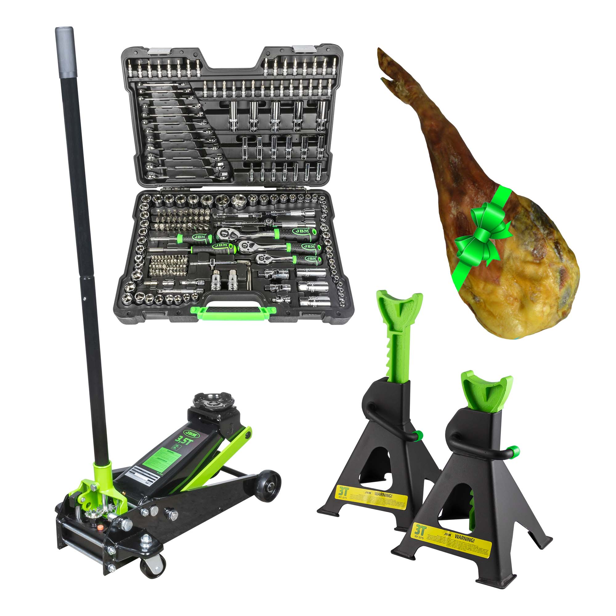 VALIGETTA DI UTENSILI DA 216 PEZZI 54045  + 50818 MARTINETTO IDRAULICO A CARRELLO 3,5T + 53779 JBM + prosciutto crudo 6kg.