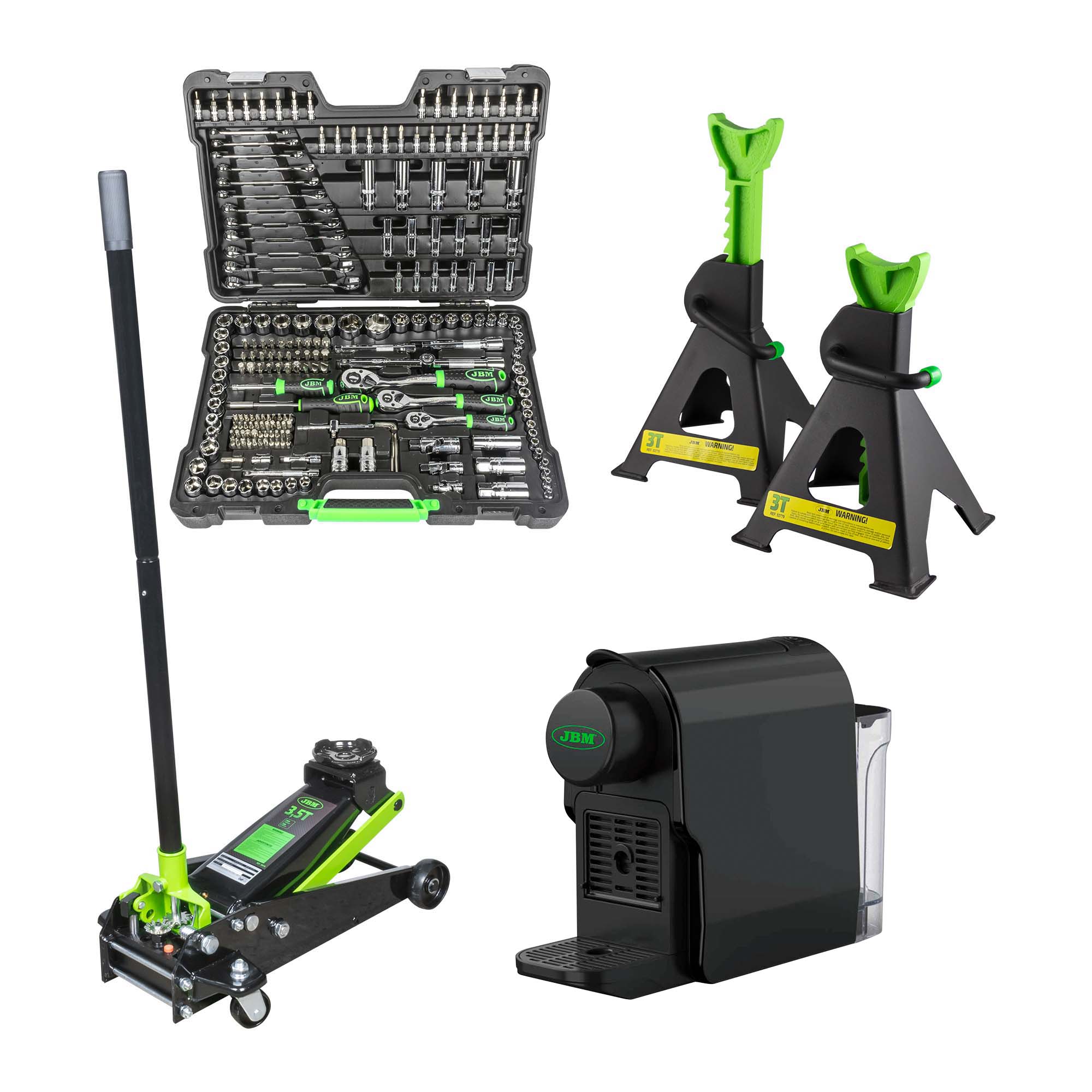 VALIGETTA DI UTENSILI DA 216 PEZZI 54045  + 50818 MARTINETTO IDRAULICO A CARRELLO 3,5T + 53779 JBM + MACCHINA DEL CAFFE