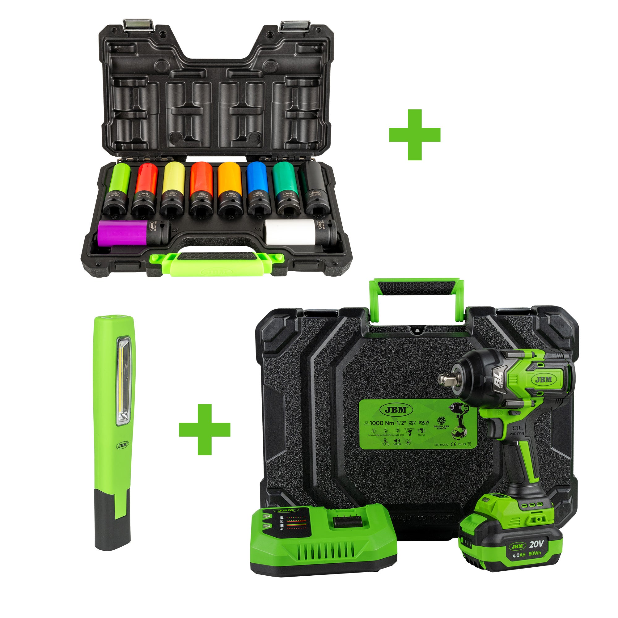 PISTOLA BRUSHLESS A BATTERIA 1/2 + SET DI 10 BUSSOLE PNEUMATICHE 1/2" + LAMPADA DA LAVORO A LED JBM