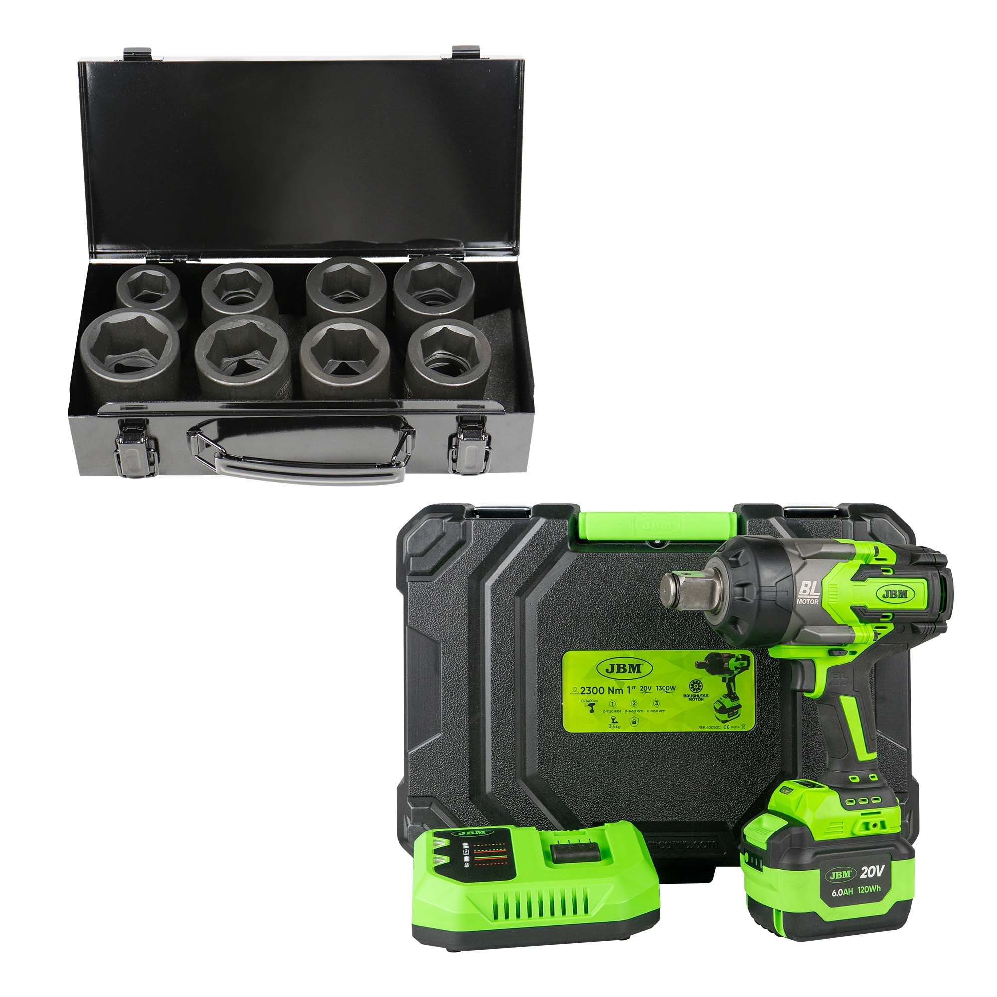 PISTOLA A IMPATTO BRUSHLESS A BATTERIA DA 1" 2300NM CON VALIGETTA 60050C   + SET DA 8 BUSSOLE 52348 JBM SERIE 550