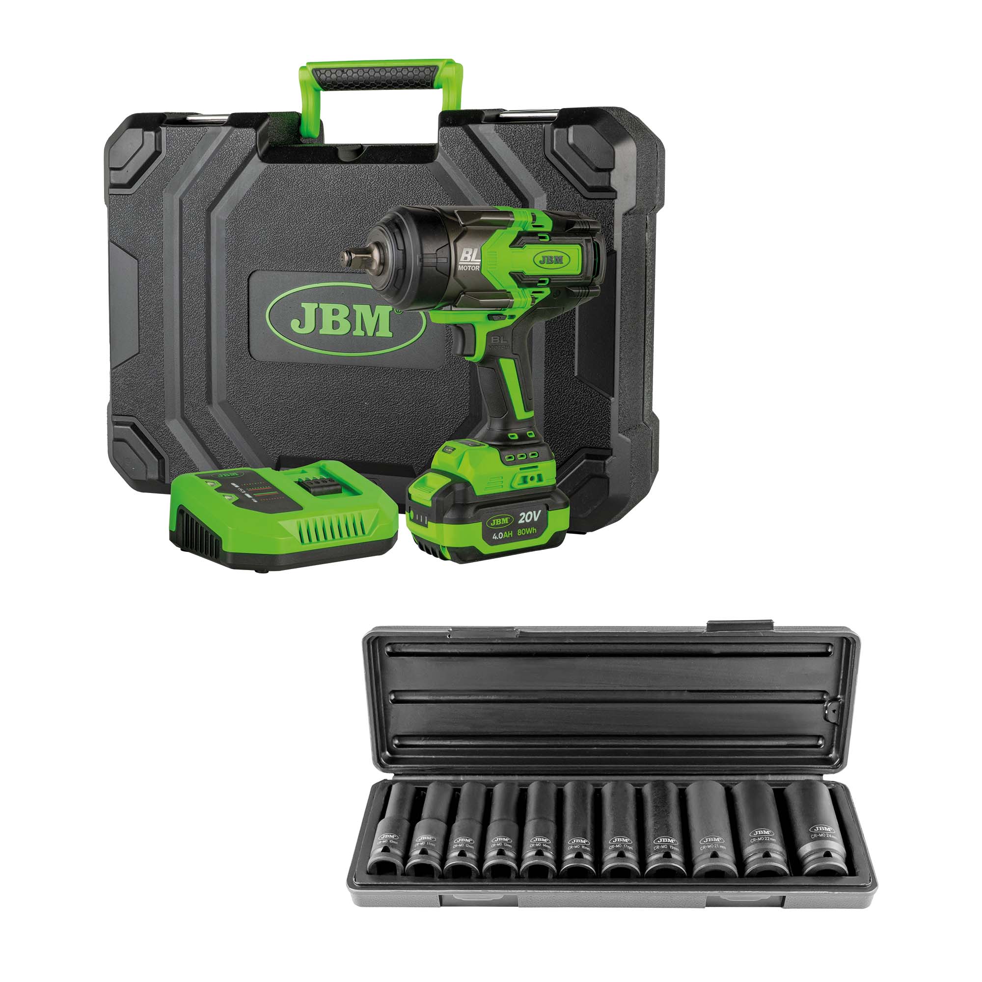 PISTOLA A IMPATTO BRUSHLESS A BATTERIA DA 1/2" 1300NM 60044C + SET DI BUSSOLE A IMPATTO DA 11 PEZZI 52342 JBM SERIE 555