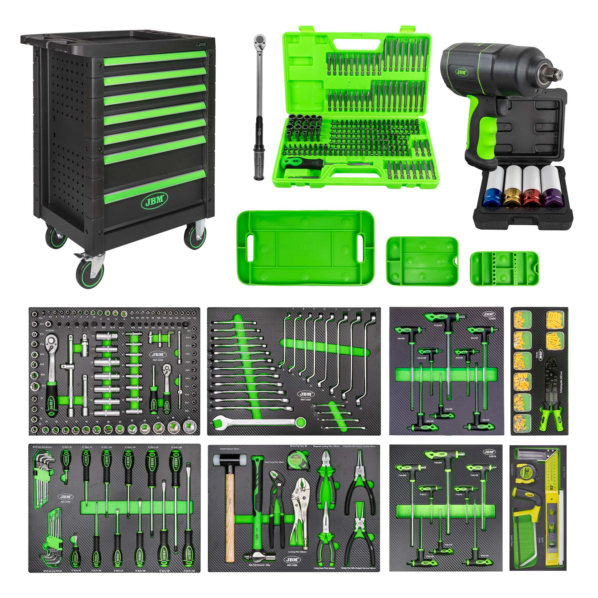 CARRELLO PORTAUTENSILI + MODULI PORTAUTENSILI + CHIAVE DINAMOMETRICA + AVVITATORE A IMPULSI SERIE562 JBM