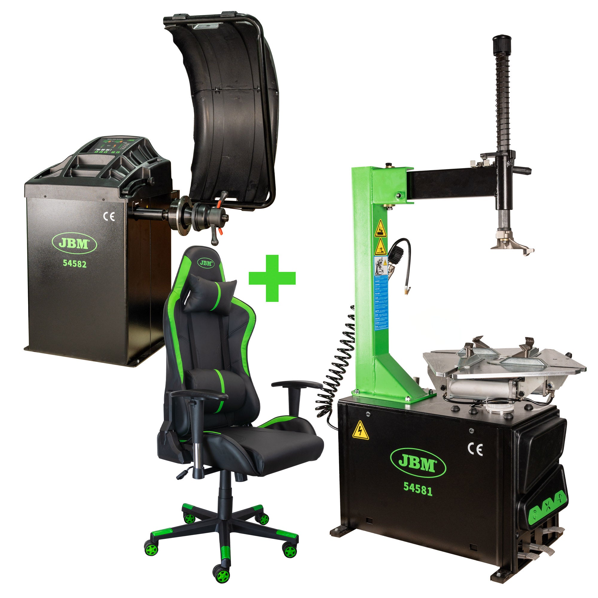 54581 SMONTAGOMME SEMIAUTOMATICO CON BRACCIO OSCILLANTE + 54582 EQUILIBRATRICE DIGITALE JBM + SEDIA UFFICIO