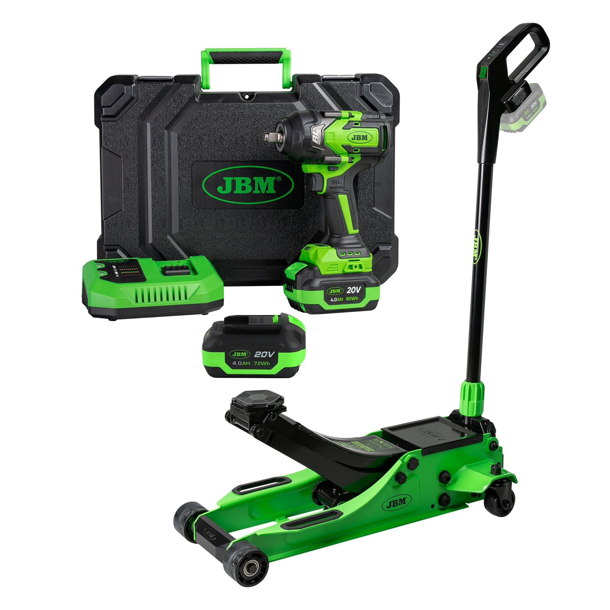 60051C CHIAVE AD IMPATTO 1/2" 1000NM + 60065 CRIC IDRAULICO 3T A BATTERIA + 60013 BATTERIA 4.0AH JBM SERIE582