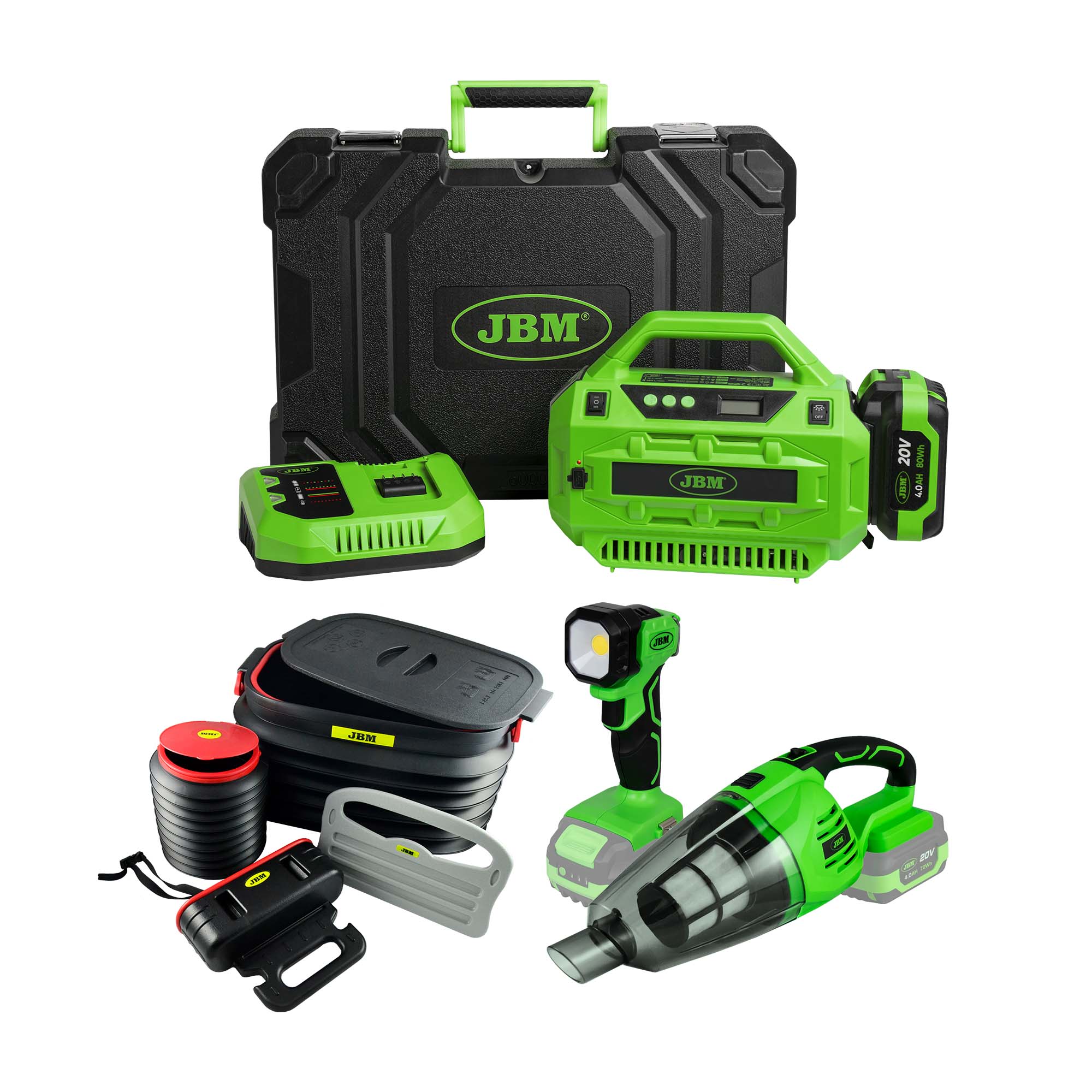 COMPRESSORE D'ARIA ELETTRICO CON CUSTODIA 60003C + 60001 ASPIRAPOLVERE PORTATILE + 60035 + 52618 JBM SERIE600