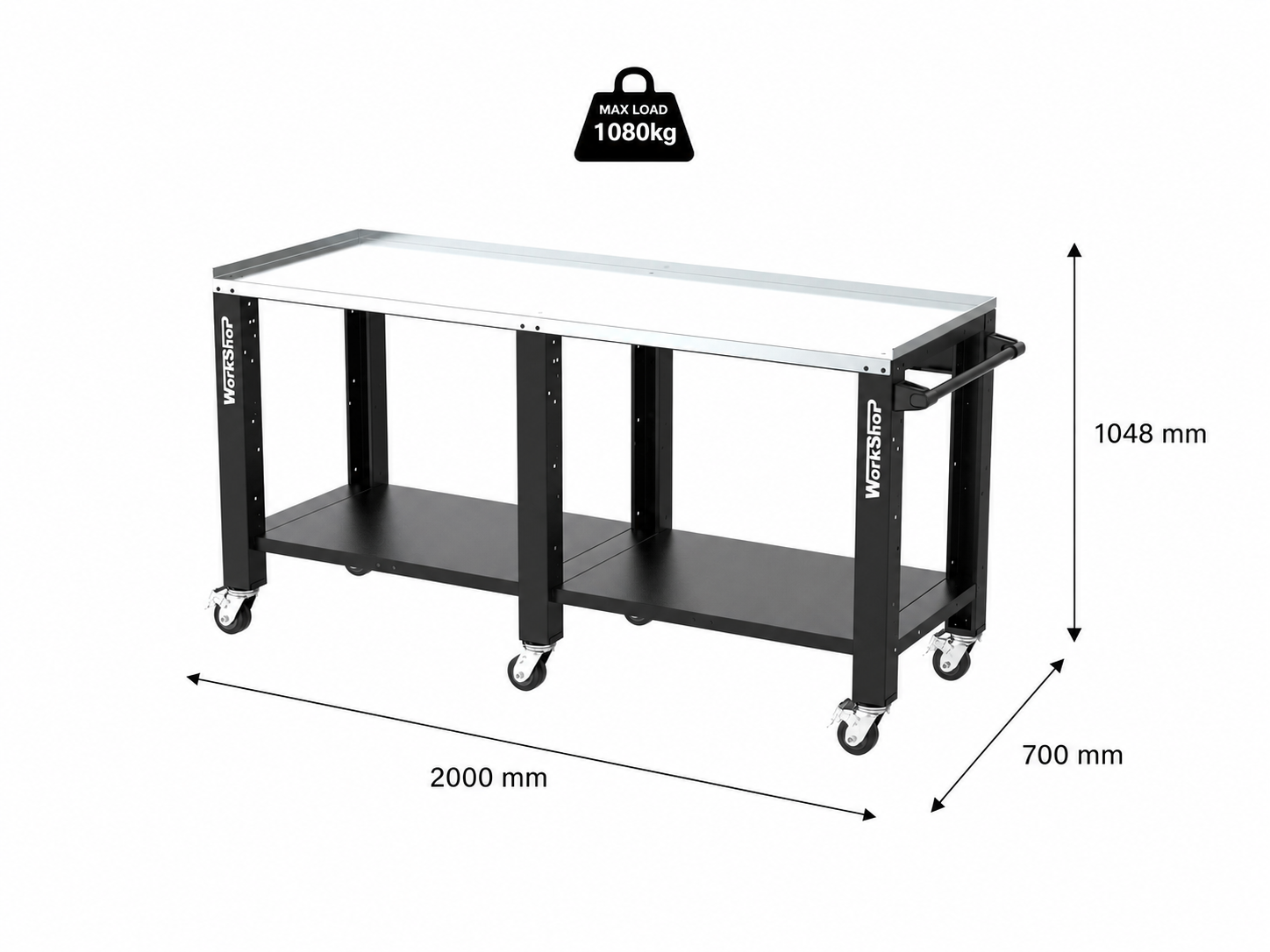 Banco da lavoro con ruote HIGH FORCE piano zincato 2 mt Workshopitaly
