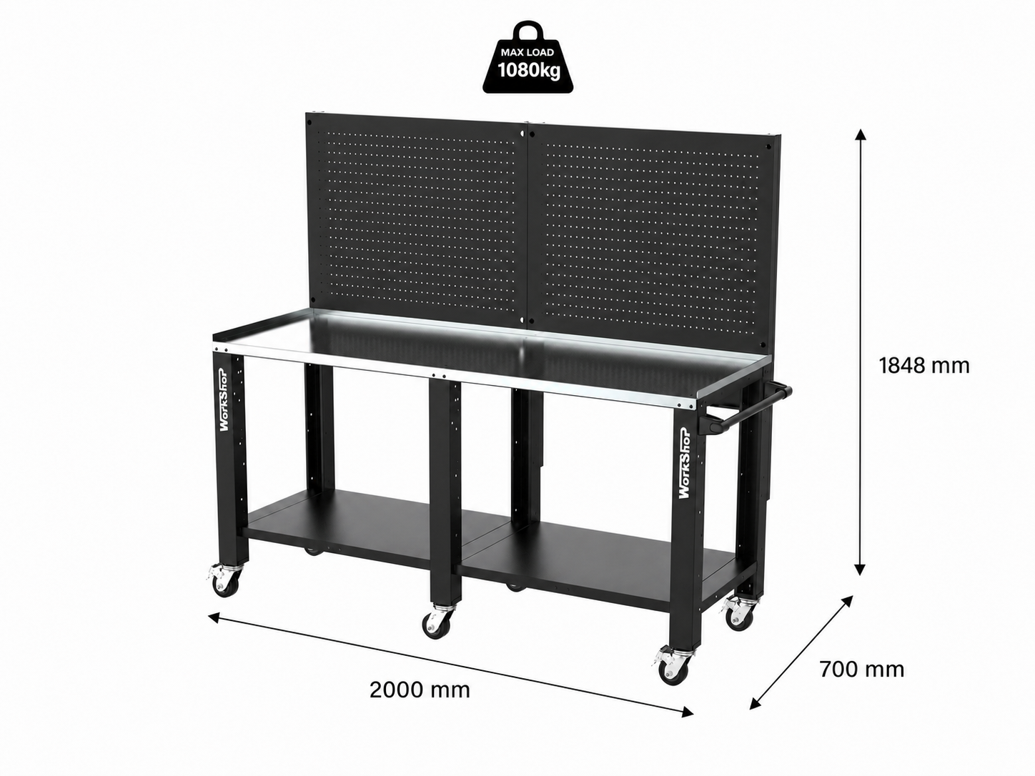 Banco da lavoro con ruote e pannelli forati HIGH FORCE piano zincato 2 mt Workshopitaly