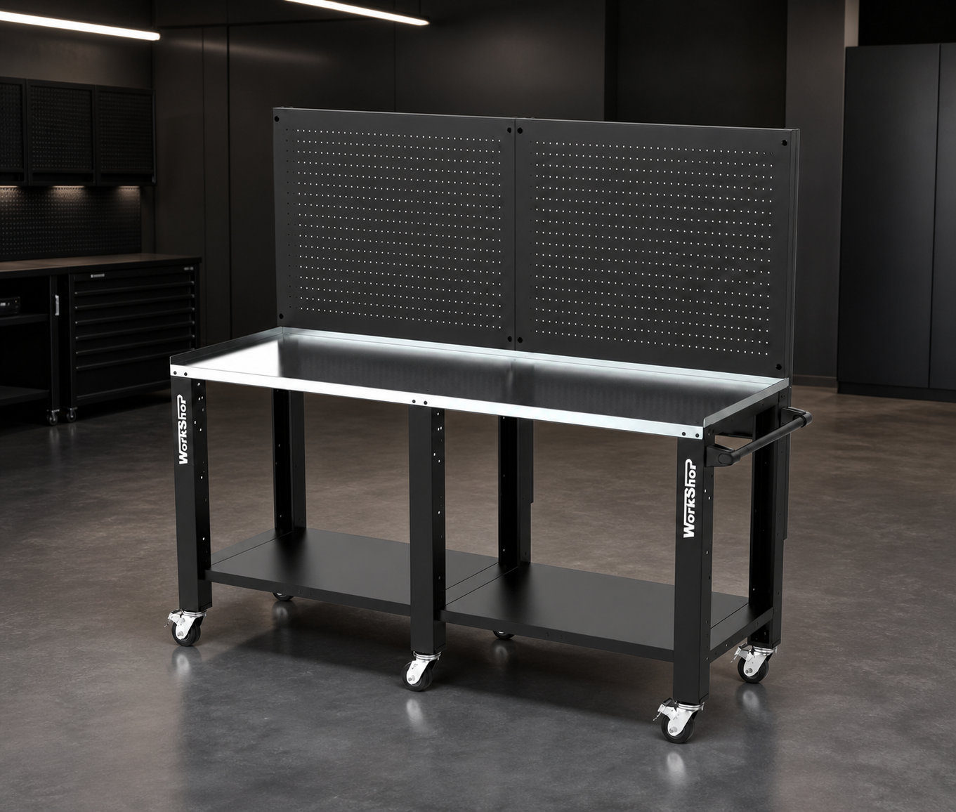 Banco da lavoro con ruote e pannelli forati HIGH FORCE piano zincato 2 mt Workshopitaly