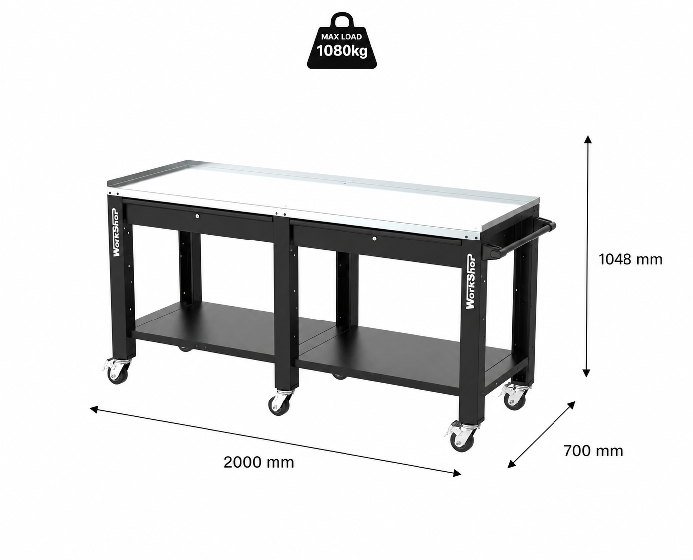Banco da lavoro con ruote e cassetti HIGH FORCE piano zincato 2 mt Workshopitaly