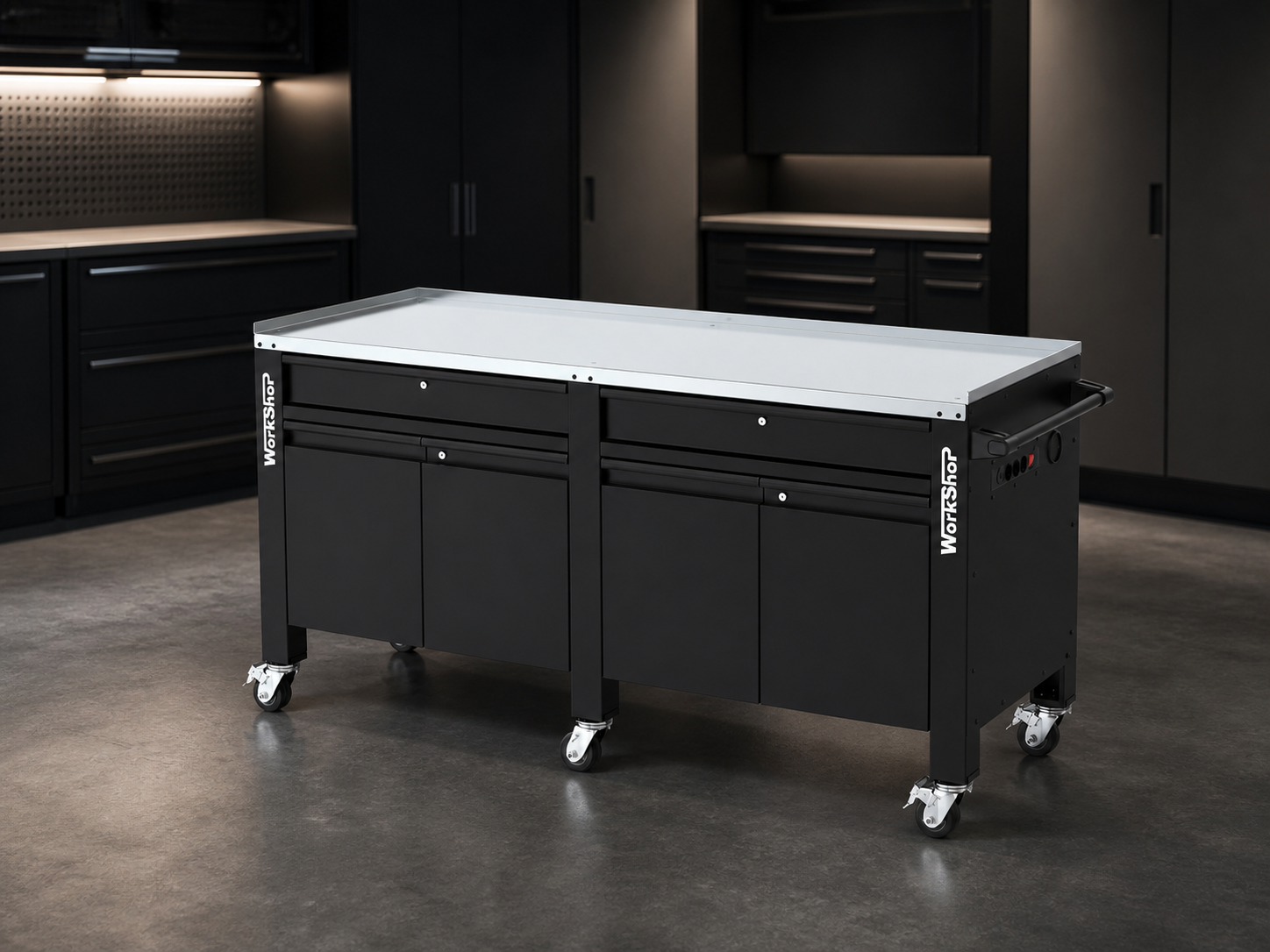 Banco da lavoro con ruote, cassetti e armadiatura HIGH FORCE piano zincato 2 mt Workshopitaly
