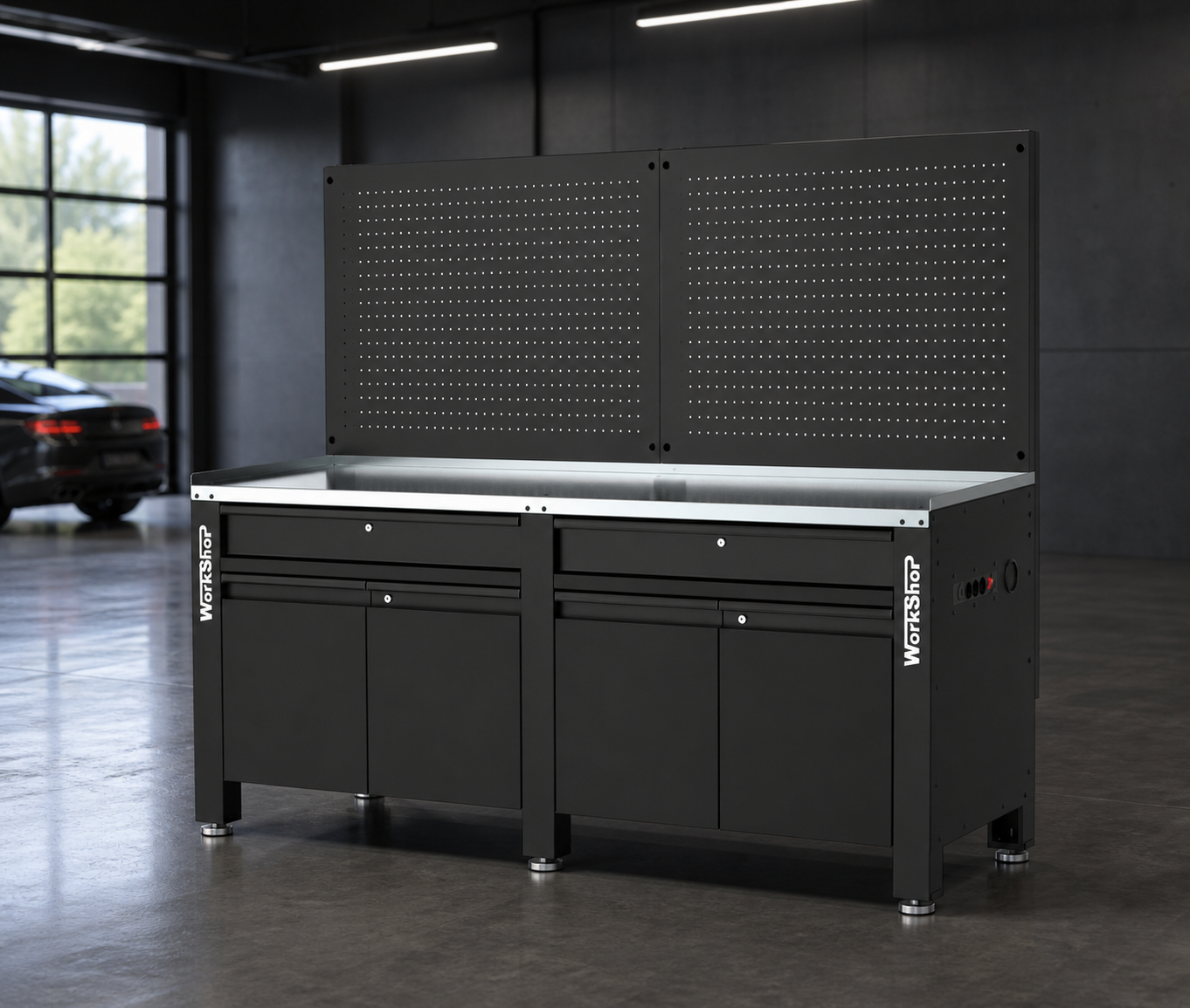 Banco da lavoro con cassetti, armadiatura e pannelli HIGH FORCE piano zincato 2 mt Workshopitaly