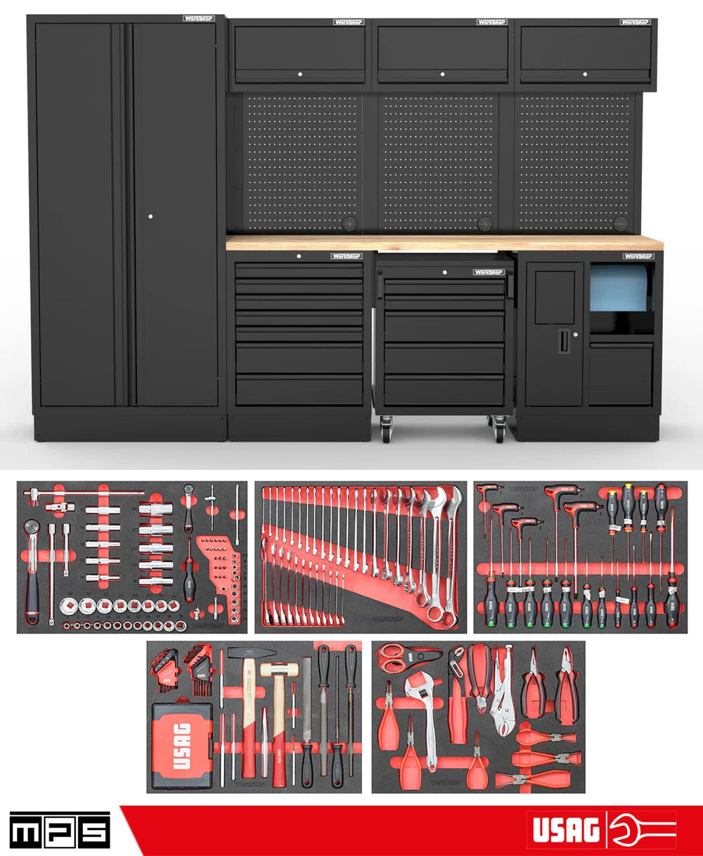 Arredo Officina Workshopitaly MPS 04 legno 3mt. Total Black + set 267 utensili Usag PRO