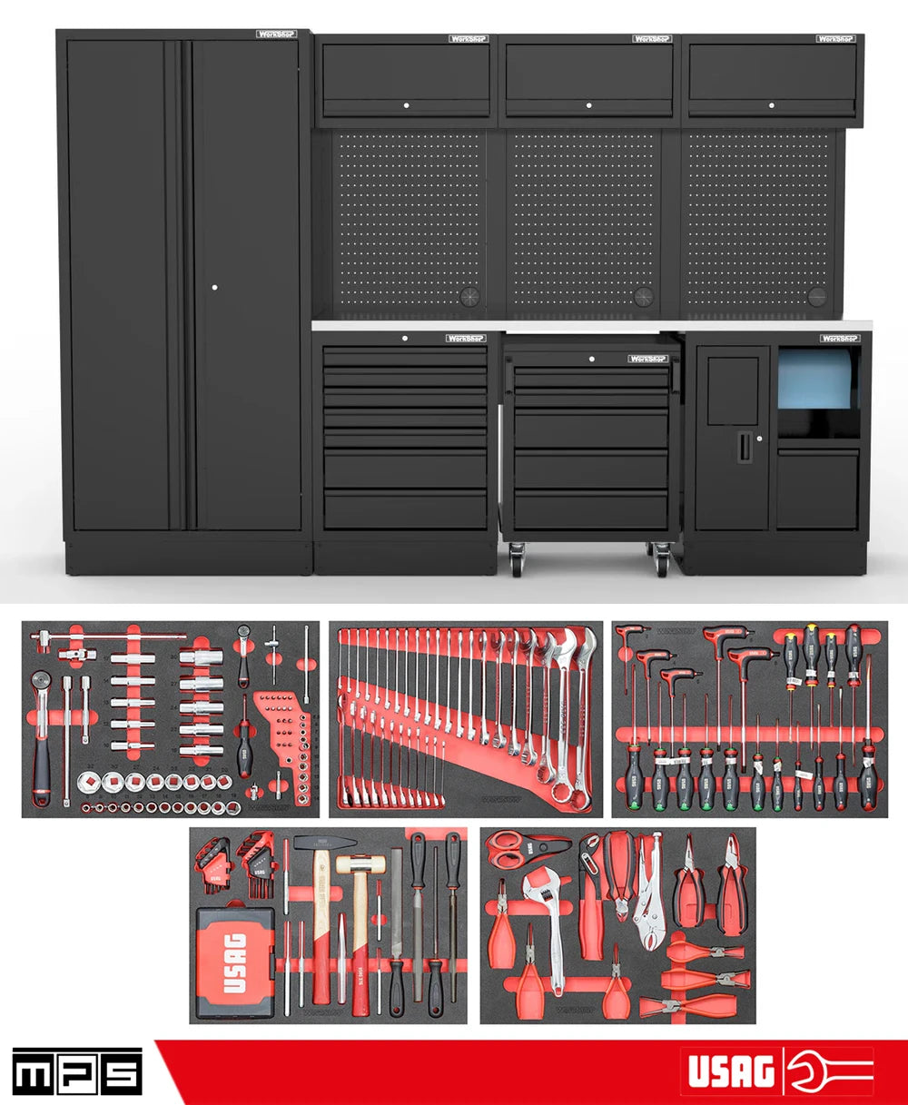 Arredo Officina Workshopitaly MPS 04 inox 3mt. Total Black + set 267 utensili Usag PRO