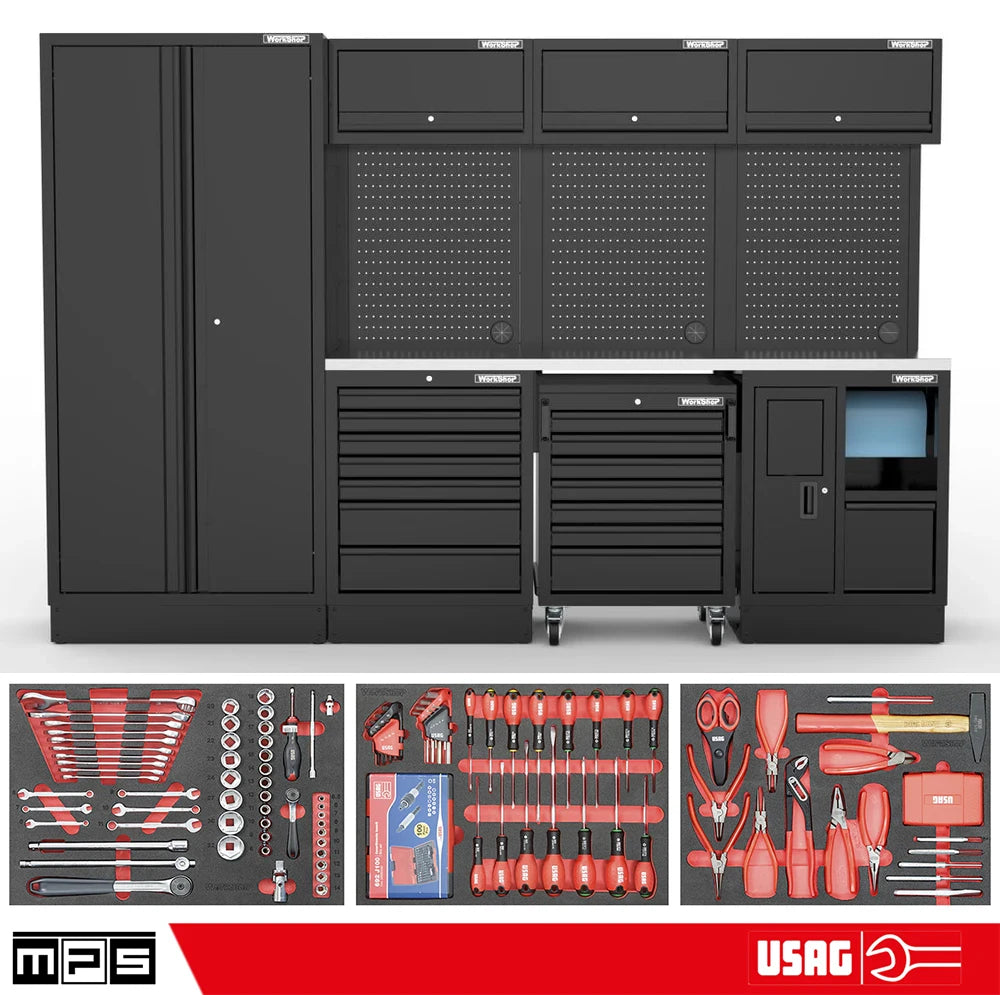 Arredo Officina Workshopitaly MPS 05 inox 3mt. Total Black + set 254 utensili Usag