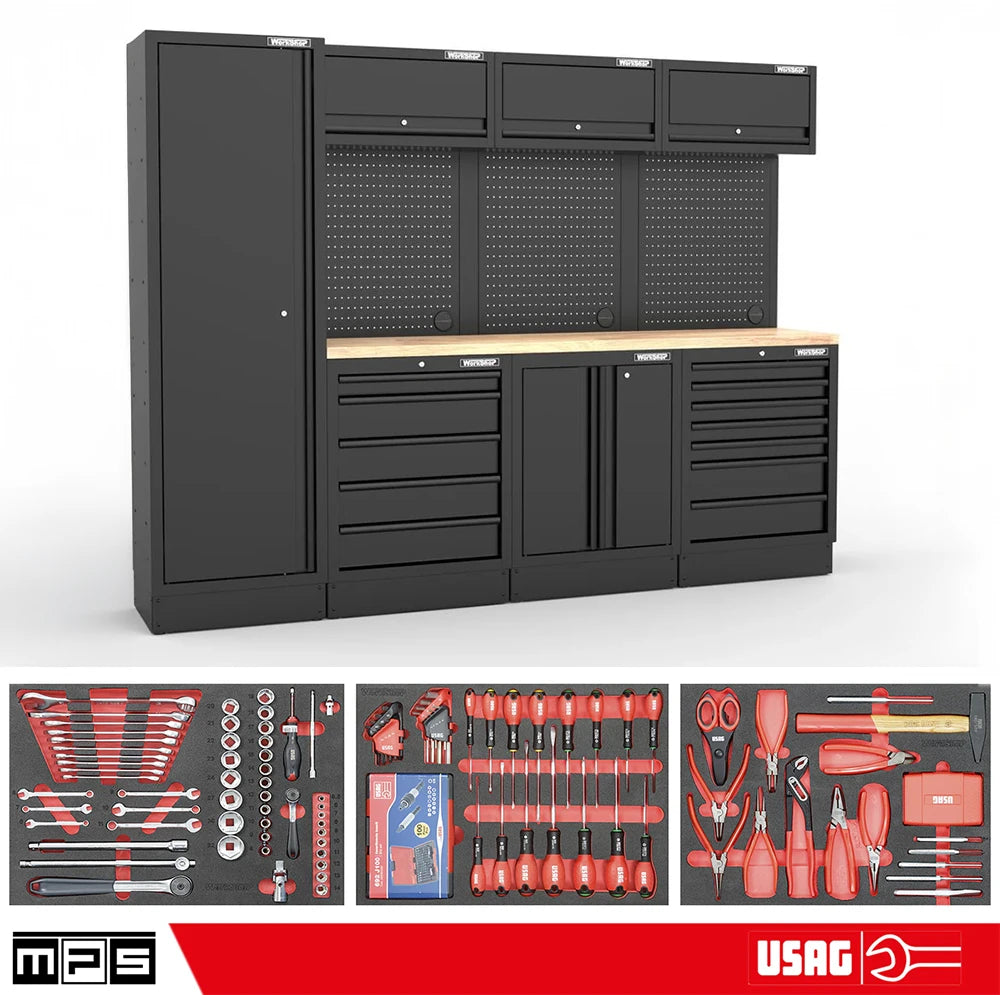 Arredo Officina Workshopitaly MPS 12 legno 2,64mt. Total Black + set 254 utensili Usag