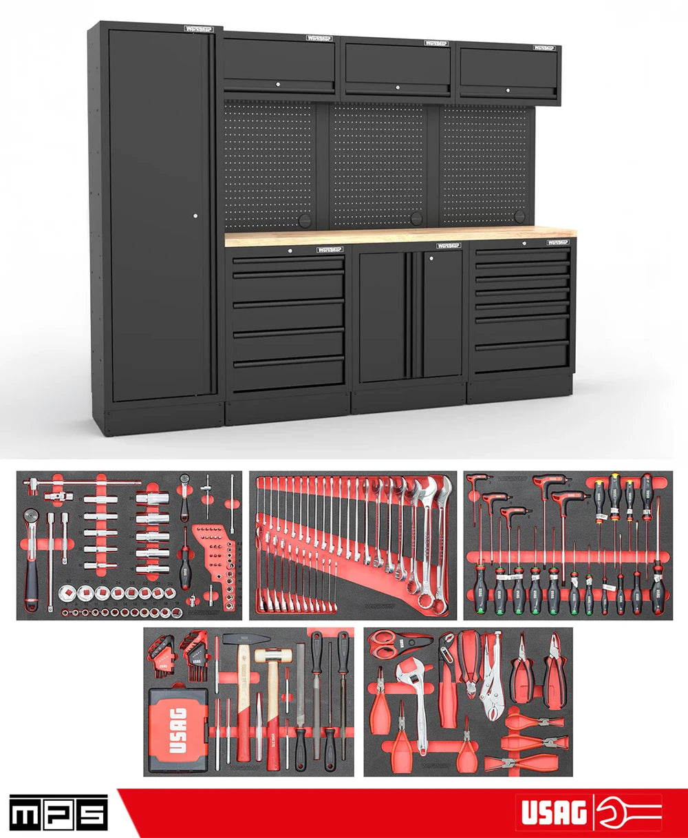 Arredo Officina Workshopitaly MPS 12 legno 2,64mt. Total Black + set 267 utensili Usag PRO