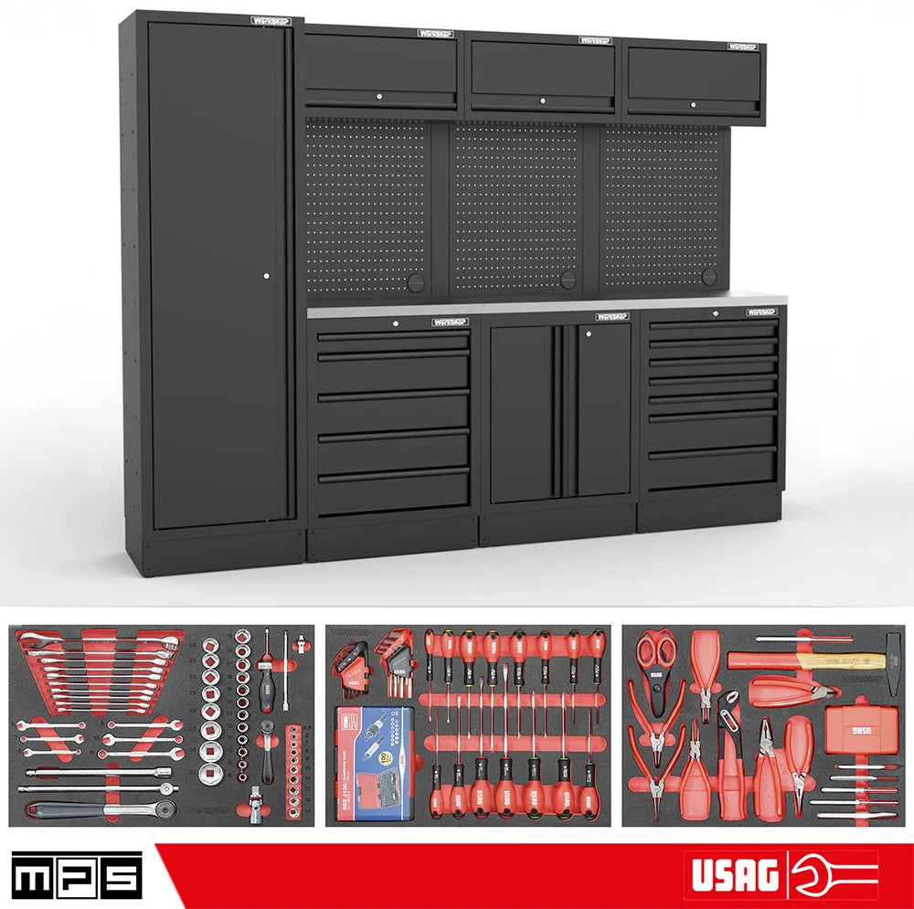 Arredo Officina Workshopitaly MPS 12 inox 2,64mt. Total Black + set 254 utensili Usag