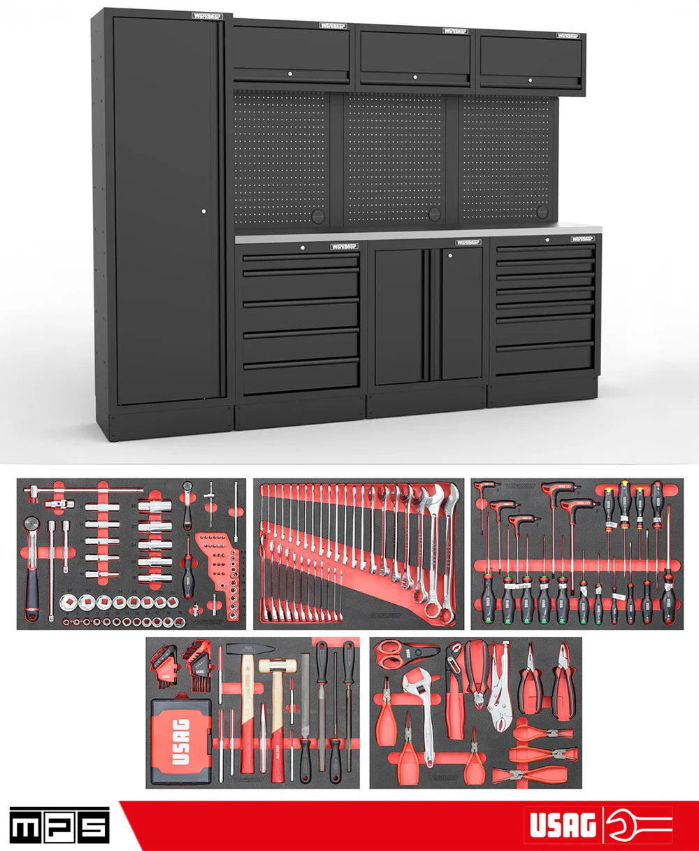 Arredo Officina Workshopitaly MPS 12 inox 2,64mt. Total Black + set 267 utensili Usag PRO