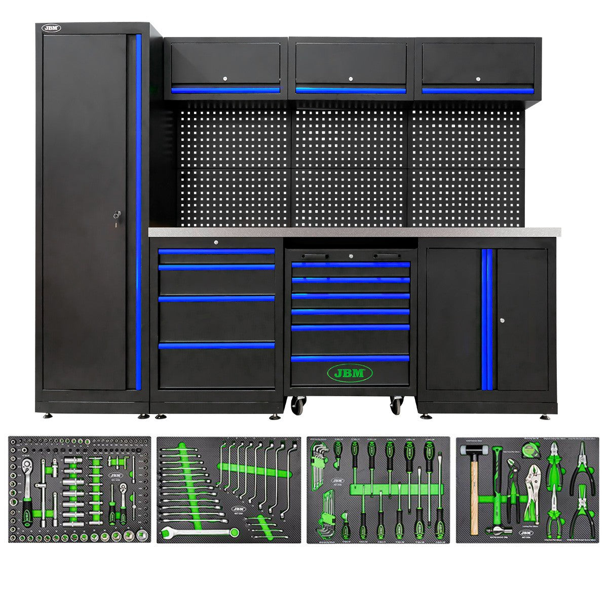 Arredo Garage Officina JBM  profili blu 2640x1950x500 completo di utensili piano inox
