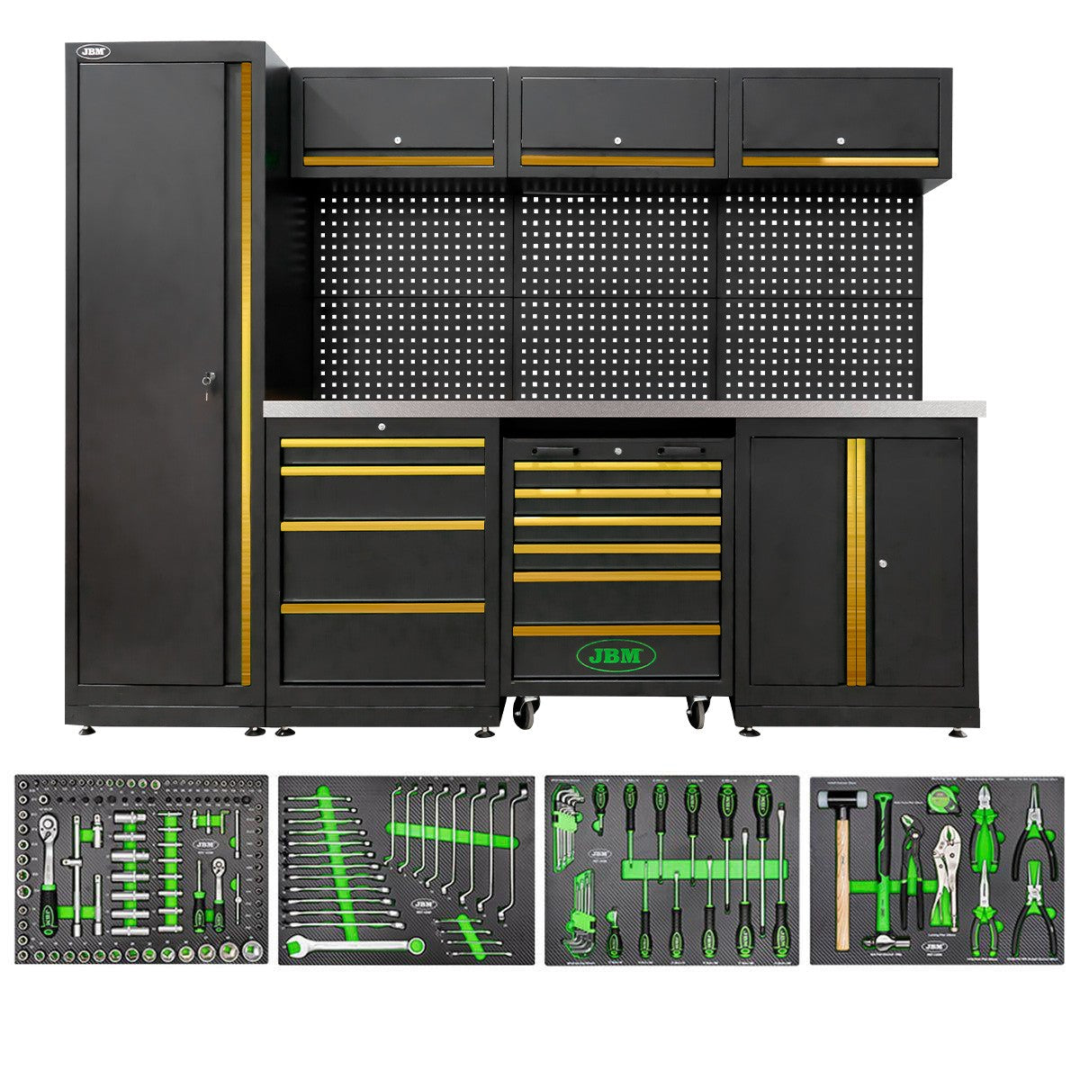 Arredo Garage Officina JBM  profili oro 2640x1950x500 completo di utensili piano inox