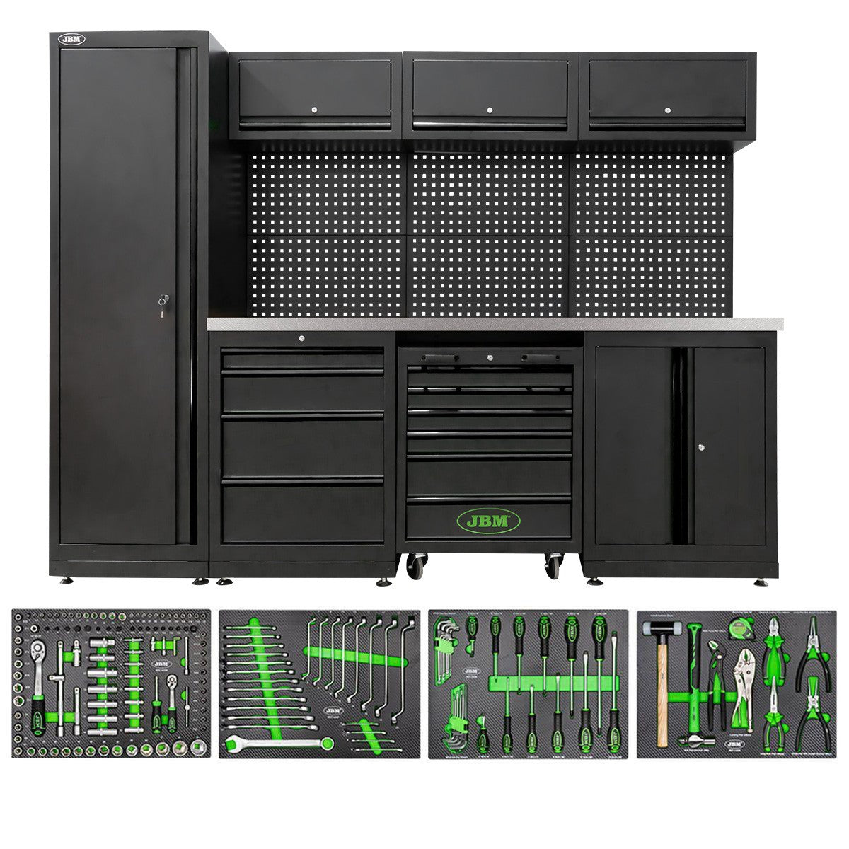 Arredo Garage Officina JBM  profili neri 2640x1950x500 completo di utensili piano inox