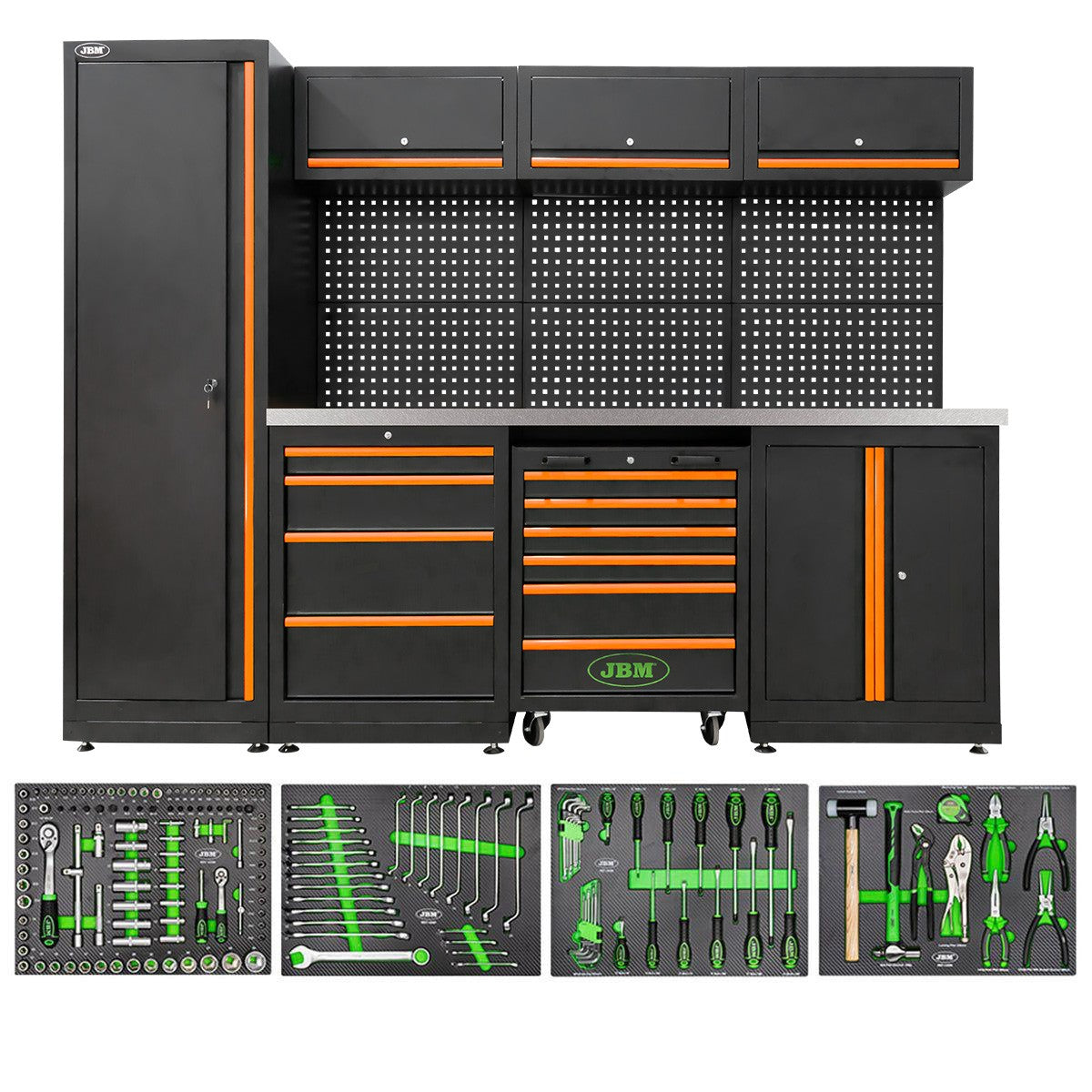 Arredo Garage Officina JBM  profili arancioni 2640x1950x500 completo di utensili piano inox