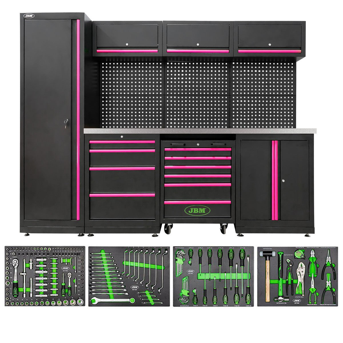 Arredo Garage Officina JBM  profili rosa 2640x1950x500 completo di utensili piano inox