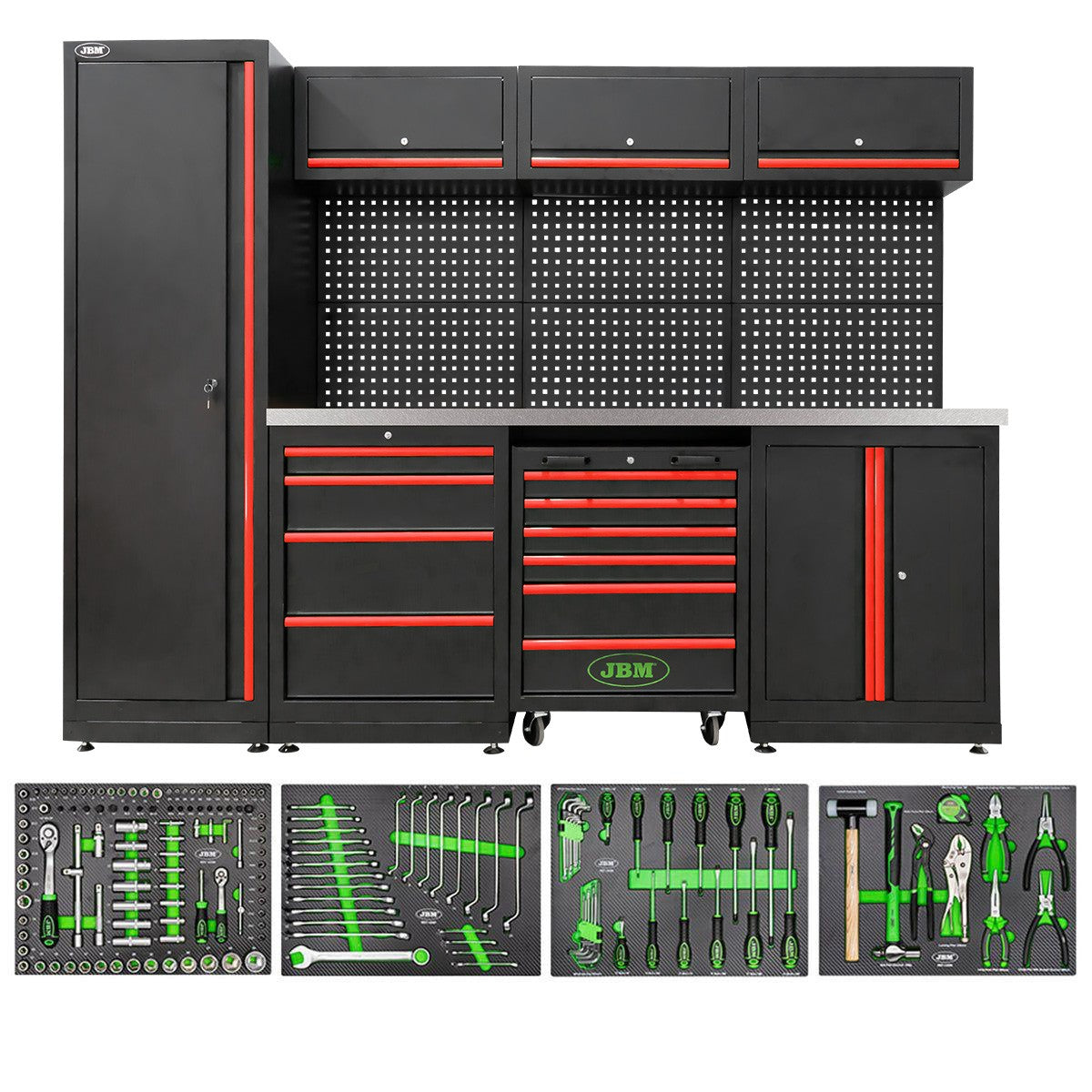 Arredo Garage Officina JBM  profili rossi 2640x1950x500 completo di utensili piano inox