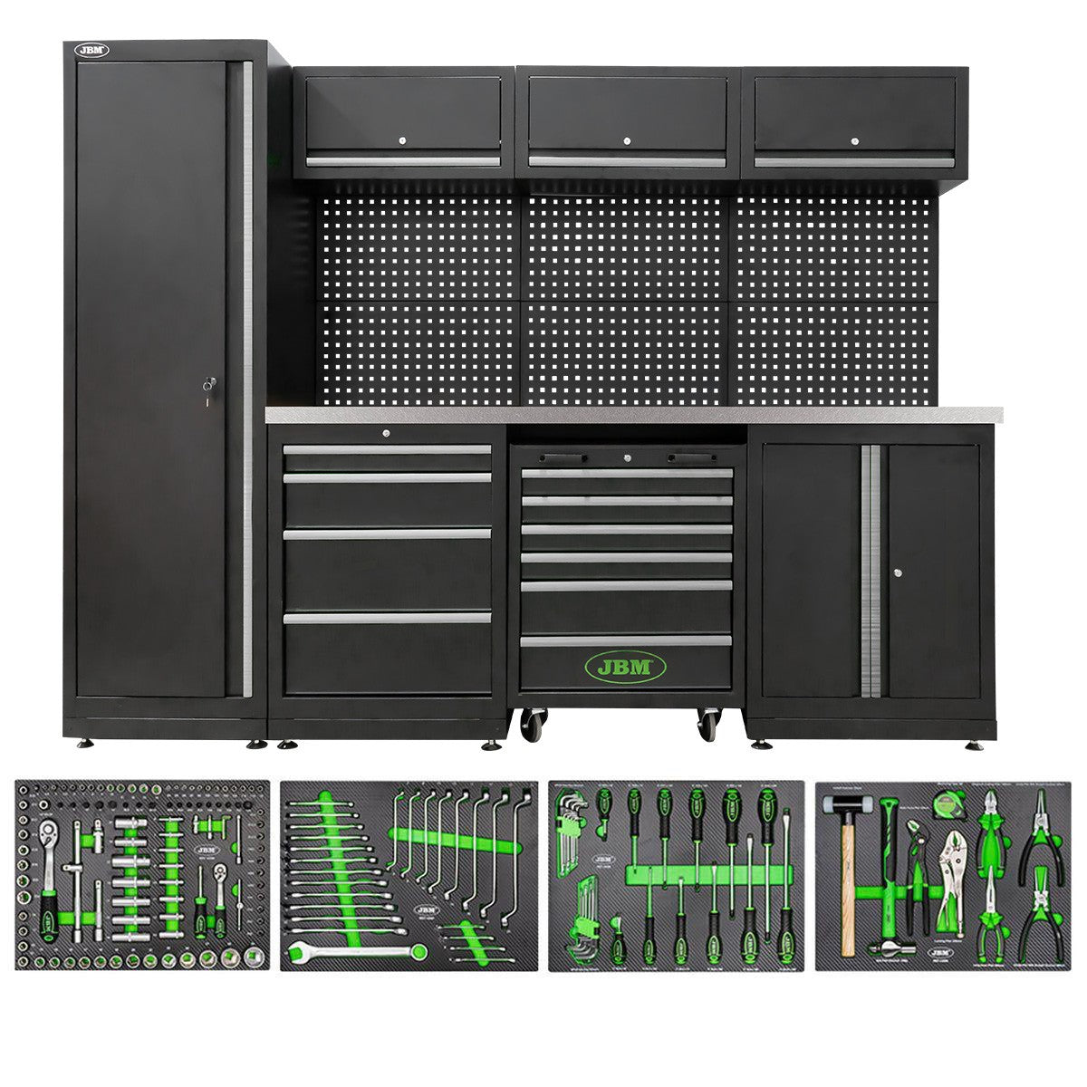 Arredo Garage Officina JBM  profili argento 2640x1950x500 completo di utensili piano inox