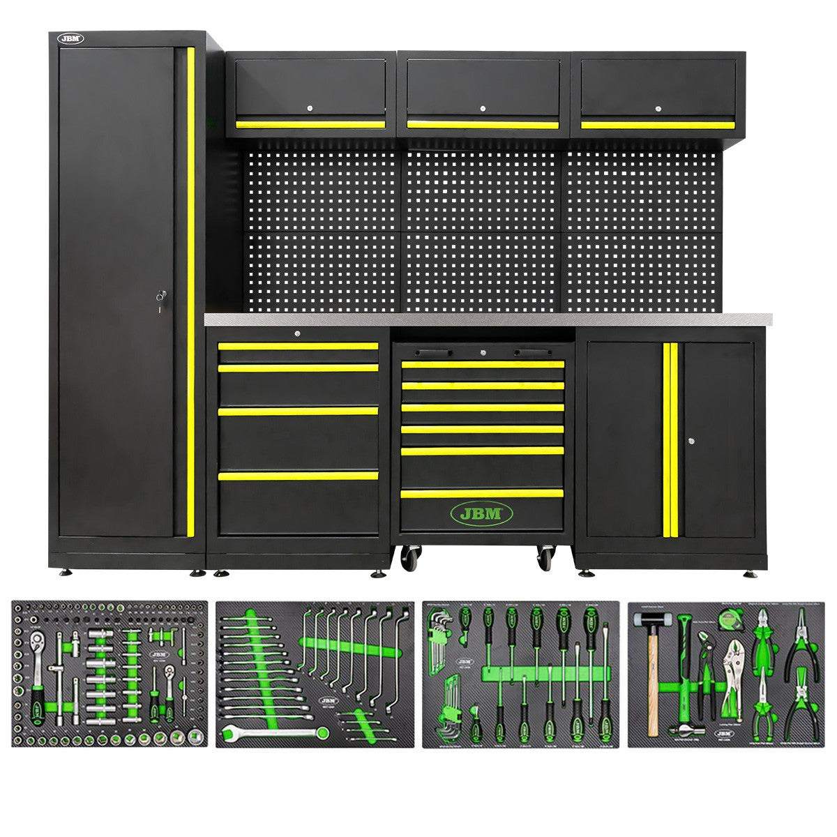 Arredo Garage Officina JBM  profili gialli 2640x1950x500 completo di utensili piano inox