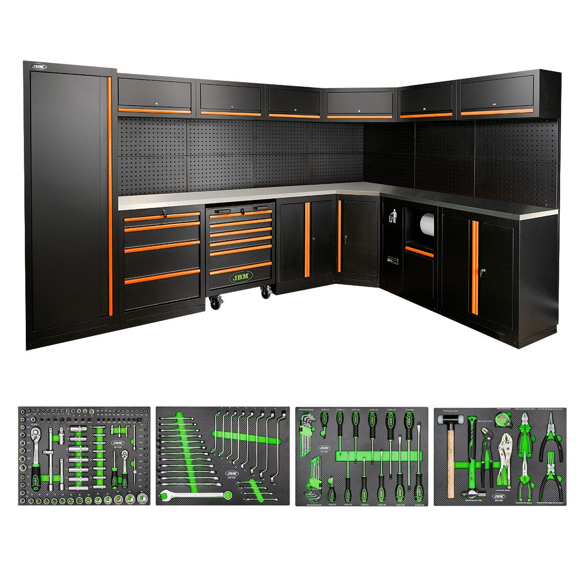 Arredo Officina Jbm profili arancioni 565 angolare completo di utensili piano inox