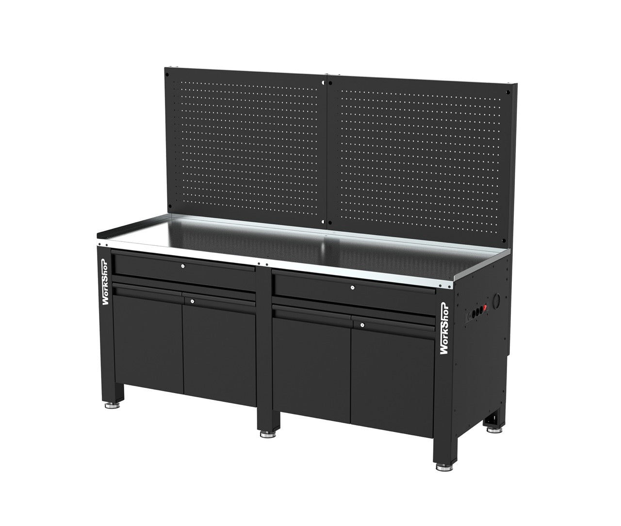 Banco da lavoro con cassetti, armadiatura e pannelli HIGH FORCE piano zincato 2 mt Workshopitaly