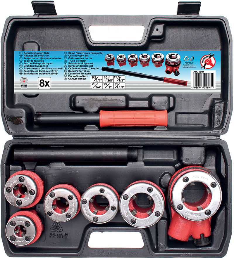 SET 8 PEZZI FILETTATURA TUBI, 1/4” - 1 1/4” BGS1891