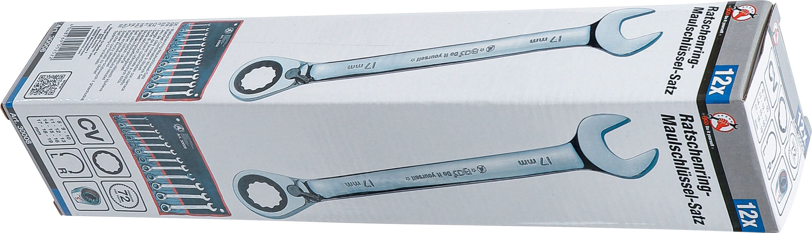 SET 12 PEZZI, CHIAVI COMBINATE A CRICCHETTO REVERSIBILI, 8 - 19 MM BGS30008