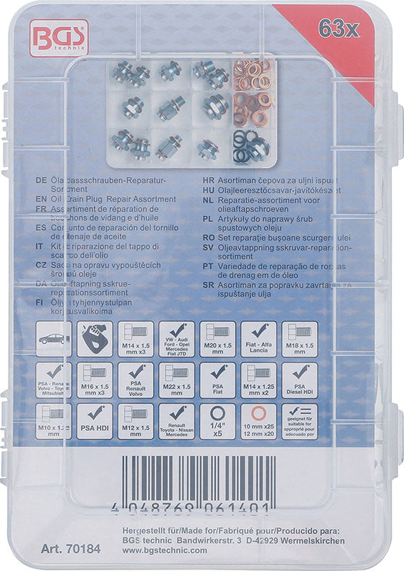 ASSORTIMENTO 63 PEZZI, PER RIPARAZIONE TAPPO DI SCARICO OLIO BGS70184